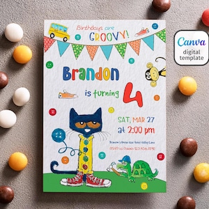 printable Pete the Cat Birthday Party Invitation, Editable Pete the Cat Invite, Party Invite Template, boy girl birthday