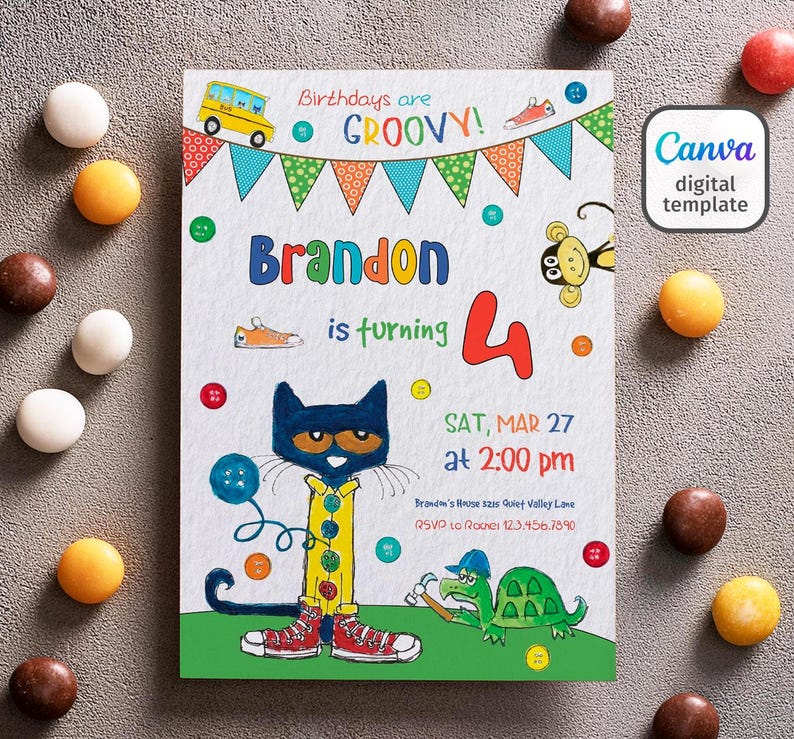 May include: A colorful birthday invitation with the text "Birthdays are GROOVY!" and "Brandon is turning 4." The design includes a cartoon cat, monkey, and turtle, with the date and time of the party. A Canva digital template.
