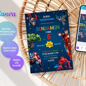 Printable Birthday Invitation, avengers invite, spiderman invite, superhero invitation, super hero, iron man, thore, captain america, hulk