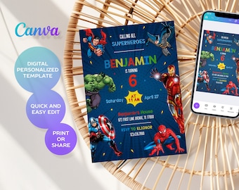 Printable Birthday Invitation, avengers invite, spiderman invite, superhero invitation, super hero, iron man, thore, captain america, hulk