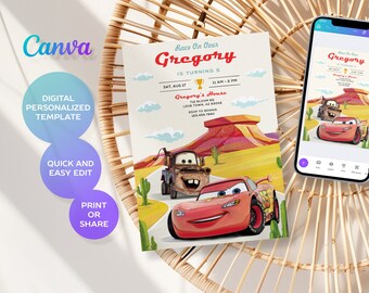 Invitación de Cars para imprimir, invitación de Lightning Mcqueen, invitación para fiesta de cumpleaños, plantilla de invitación de cumpleaños de carreras