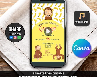 May include: A digital birthday invitation template displayed on a smartphone screen featuring a yellow background with banana patterns and illustrations of a brown monkey. The text reads Monkey See, Monkey Do George is turning 2, Sat, October 25 at 11:00 AM, 333 Cherry Ln, Chicago, IL 60607, RSVP to Mia 123-123-1234.
