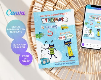 printable Pete the Cat Birthday Party Invitation, Editable Pete the Cat Invite, Party Invite Template, boy girl birthday