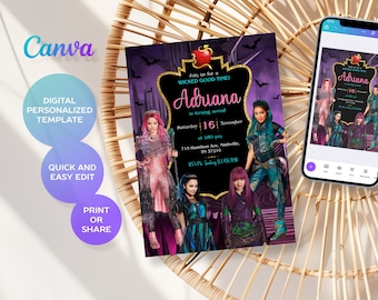 May include: Purple and black digital invitation with a gold frame. The invitation features a graphic of the characters from the movie Descendants. The text on the invitation reads "Join us for a Wicked Good Time! Adriana is turning seven! Saturday, November 16 at 1:00 pm. 715 Hamilton Ave, Nashville, TN 37210. RSVP Landing 1234567890."
