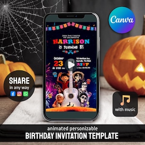 May include: A smartphone displays a personalized animated birthday invitation template. The invitation features colorful text, a guitar, and characters from the movie Coco. The invitation includes the text "HARRISON is turning 8!" and "October 23 at 2:00 PM."