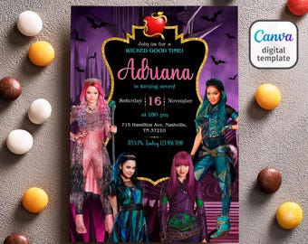 May include: Purple invitation with gold glitter accents for a "Wicked Good Time" birthday party. The invitation features a photo of three girls dressed as characters from the Disney movie Descendants. The text on the invitation reads "Join us for a Wicked Good Time! Adriana is turning seven! Saturday 16 November at 1:30 pm 715 Hamilton Ave, Nashville, TN 37210 RSVP Plc. Lindsey 123.456.7890"