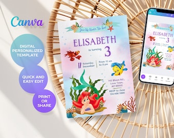 Princess Ariel Birthday invitation, Girl editable invite template, little mermaid printable invitation, under sea party, instant download