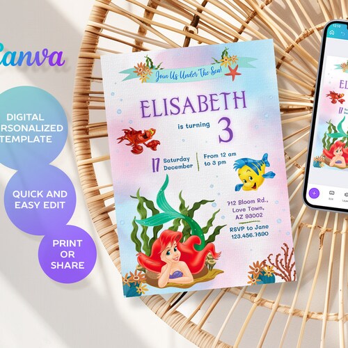 Princess Ariel Birthday invitation, Girl editable invite template, little mermaid printable invitation, under sea party, instant download