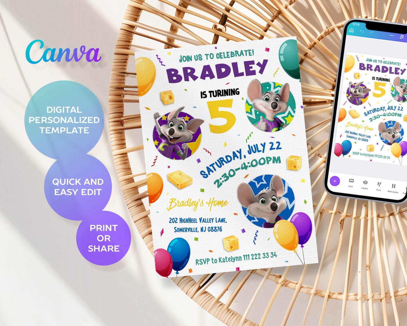 Chuck-e-cheese Editable Invitation, Printable Birthday Invite, Mouse ...