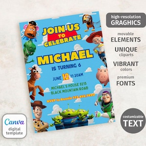 May include: A blue digital template invitation with the text "Join Us to Celebrate Michael" and various cartoon characters. The invitation includes the date, time, and location for a birthday party. The invitation is a Canva digital template.