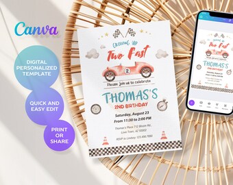 May include: A digital printable birthday invitation for a boy's second birthday party. The invitation features a red race car with a blue number two on the side, a checkered flag, and the text "Growing Up Two Fast". The invitation also includes the boy's name, Thomas, and the date and time of the party.
