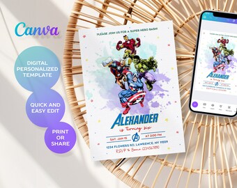 Printable Birthday Invitation, avengers invite, spiderman invite, superhero invitation, super hero, iron man, thore, captain america, hulk