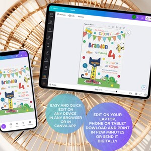 May include: A digital birthday invitation displayed on a smartphone and tablet. The invitation features a cartoon cat, the text "Brandon is turning 4," and the date and time of the party. The invitation is designed with colorful graphics and text. The image also includes text that says "Easy and quick edit on any device in any browser or in Canva app."