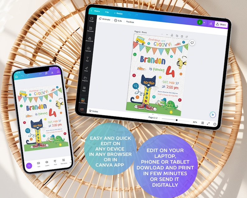 May include: A digital birthday invitation displayed on a smartphone and tablet. The invitation features a cartoon cat, the text "Brandon is turning 4," and the date and time of the party. The invitation is designed with colorful graphics and text. The image also includes text that says "Easy and quick edit on any device in any browser or in Canva app."