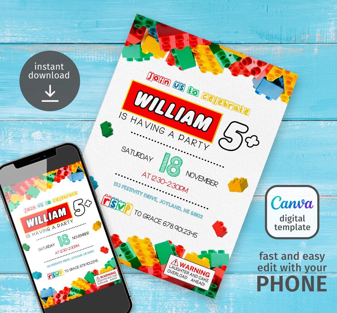 Invitation Block Design Building Blocks Invitation, Building Blocks Invite, Printable Editable ...