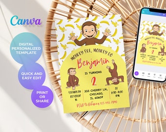Printable Curious George birthday invitation, monkey invite, ape invite, Curious George party, boy 1st 2nd 3rd birthday, editable template