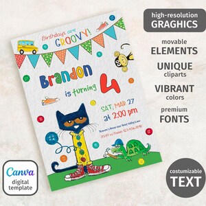 May include: A digital birthday invitation featuring a cartoon cat in red sneakers, a school bus, and a monkey. The invitation reads "Birthdays are GROOVY!" and "Brandon is turning 4." Includes the date, time, and RSVP information.