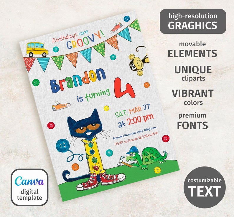 May include: A digital birthday invitation featuring a cartoon cat in red sneakers, a school bus, and a monkey. The invitation reads "Birthdays are GROOVY!" and "Brandon is turning 4." Includes the date, time, and RSVP information.