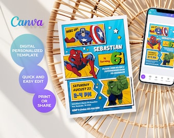 Printable Boy Birthday Invite, super hero Editable party Invitation, spiderman, hulk, captain america Invite template, avengers invitation
