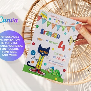 May include: A colorful birthday invitation featuring the text "Birthdays are GROOVY!" and "Brandon is turning 4." The invitation includes illustrations of a cat, monkey, turtle, and bus. The invitation is held in a hand.