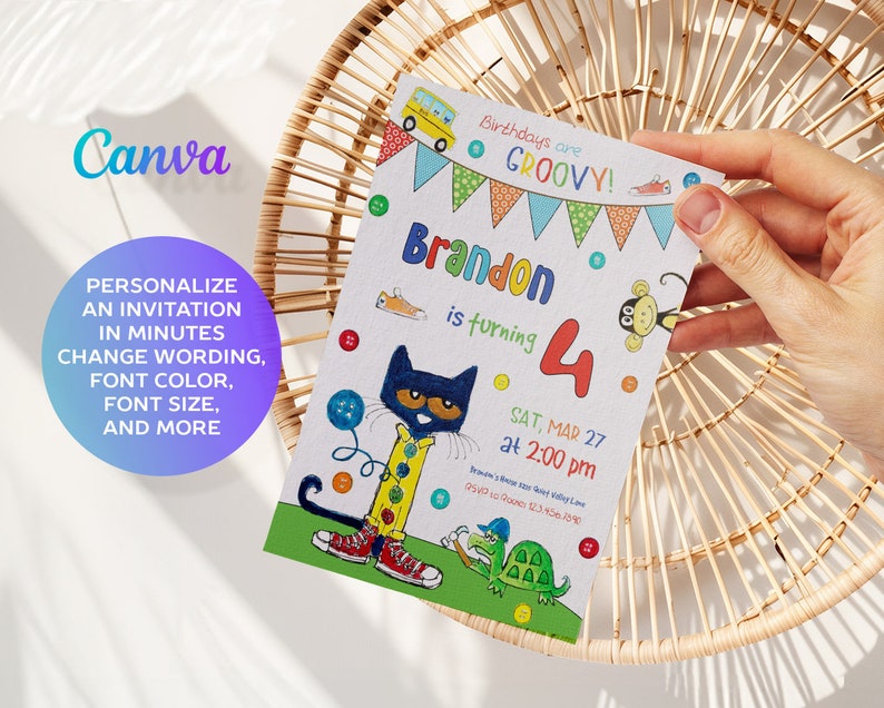 May include: A colorful birthday invitation featuring the text "Birthdays are GROOVY!" and "Brandon is turning 4." The invitation includes illustrations of a cat, monkey, turtle, and bus. The invitation is held in a hand.
