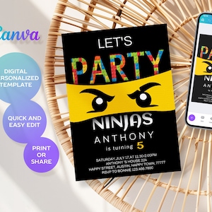 Könnte beinhalten: Eine schwarze und gelbe Geburtstagseinladung mit dem Text "Let's Party Ninjas Anthony is turning 5" und einer Lego-artigen Ninja-Maske. Die Einladung enthält Datum, Uhrzeit und Ort der Party.