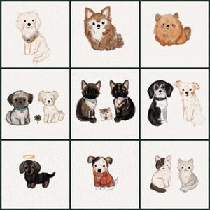 May include: Nine watercolor illustrations of dogs and cats on a white background. The dogs are various breeds, including a dachshund with a halo, a terrier mix, and a dog wearing a red sweater. The cats are in black and white.