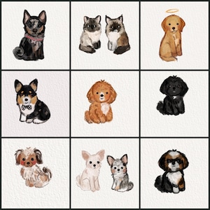 May include: Nine watercolor illustrations of different dog breeds and two cats. The dogs include a golden retriever with a halo, a corgi with a bow tie, and a black and white Shih Tzu. The cats are gray and brown.