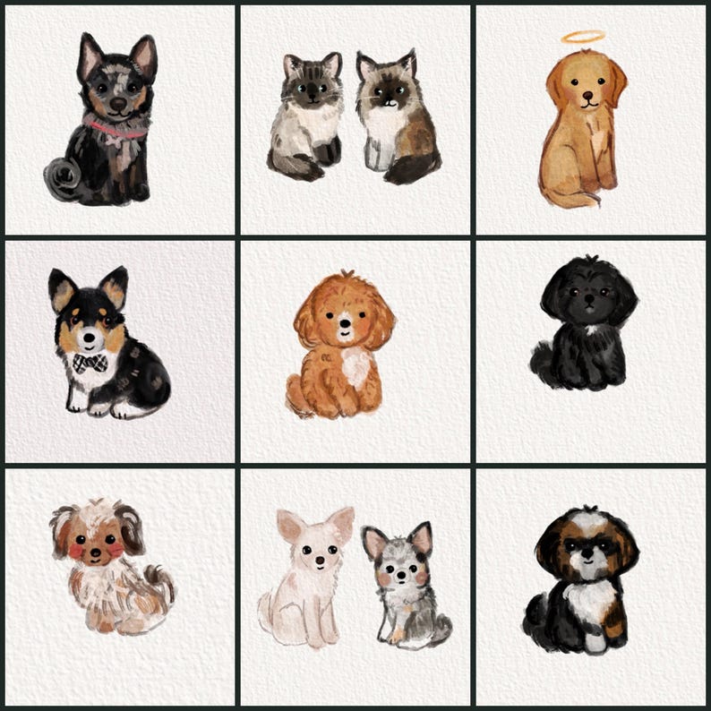 May include: Nine watercolor illustrations of different dog breeds and two cats. The dogs include a golden retriever with a halo, a corgi with a bow tie, and a black and white Shih Tzu. The cats are gray and brown.