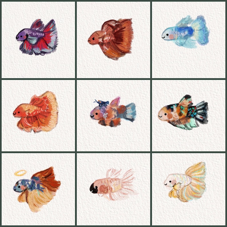 May include: Nine watercolor paintings of betta fish in various colors and patterns. The fish are depicted with detailed fins and smiling faces. The color palette includes shades of red, blue, orange, and yellow.