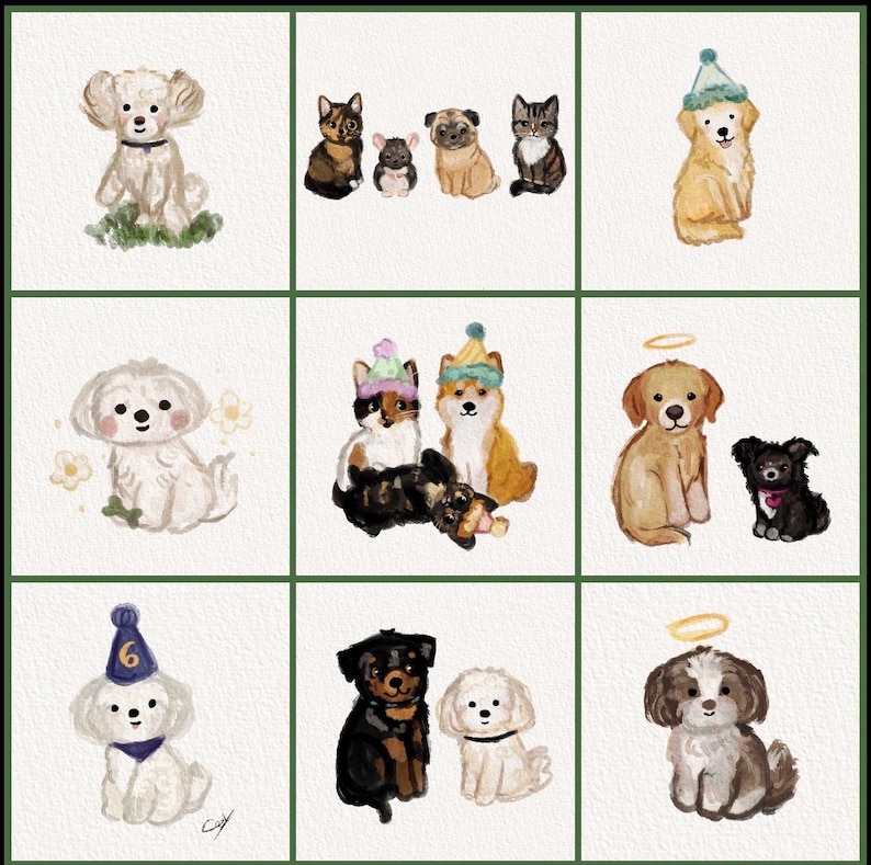 May include: A grid of nine watercolor illustrations of dogs and cats. The dogs and cats are in various poses, some wearing hats or halos. The color palette includes beige, brown, black, and white.