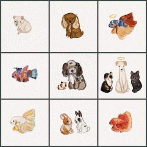 May include: Watercolor illustrations of various pets, including a mouse, dogs, fish, a cat, a guinea pig, and rabbits. Each animal is depicted with soft colors and a halo, suggesting a theme of beloved companions.
