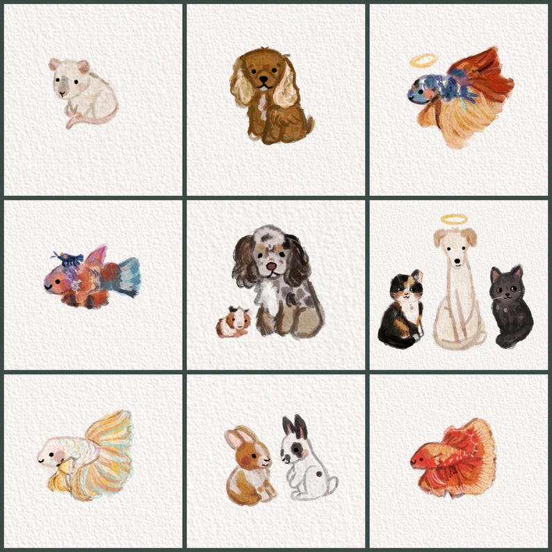 May include: Watercolor illustrations of various pets, including a mouse, dogs, fish, a cat, a guinea pig, and rabbits. Each animal is depicted with soft colors and a halo, suggesting a theme of beloved companions.