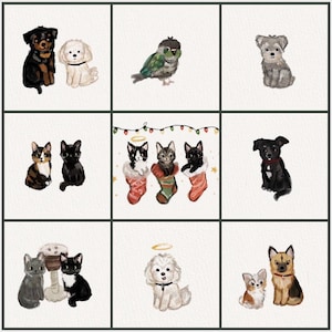 May include: Watercolor illustrations of various pets, including dogs, cats, and a bird. The artwork features a Rottweiler, poodle, parrot, terrier, kittens, and dogs in Christmas stockings, and other pets with halos.