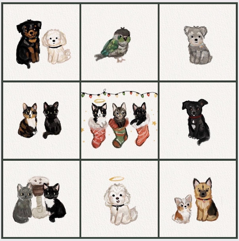 May include: Watercolor illustrations of various pets, including dogs, cats, and a bird. The artwork features a Rottweiler, poodle, parrot, terrier, kittens, and dogs in Christmas stockings, and other pets with halos.