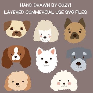 May include: A set of nine hand-drawn dog illustrations in various breeds and colors. The dogs are all facing forward with their heads tilted slightly up. The illustrations are in a cartoon style and have a simple, whimsical look.