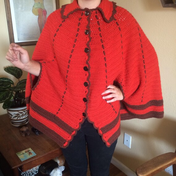 1970s Burnt Orange Knit Poncho