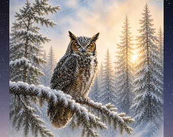 Arte de búho cornudo en el bosque invernal (descarga digital)