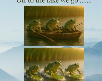 Conjunto de láminas decorativas con motivos de ranas pescando y surfeando: paisajes para imprimir (descarga digital).