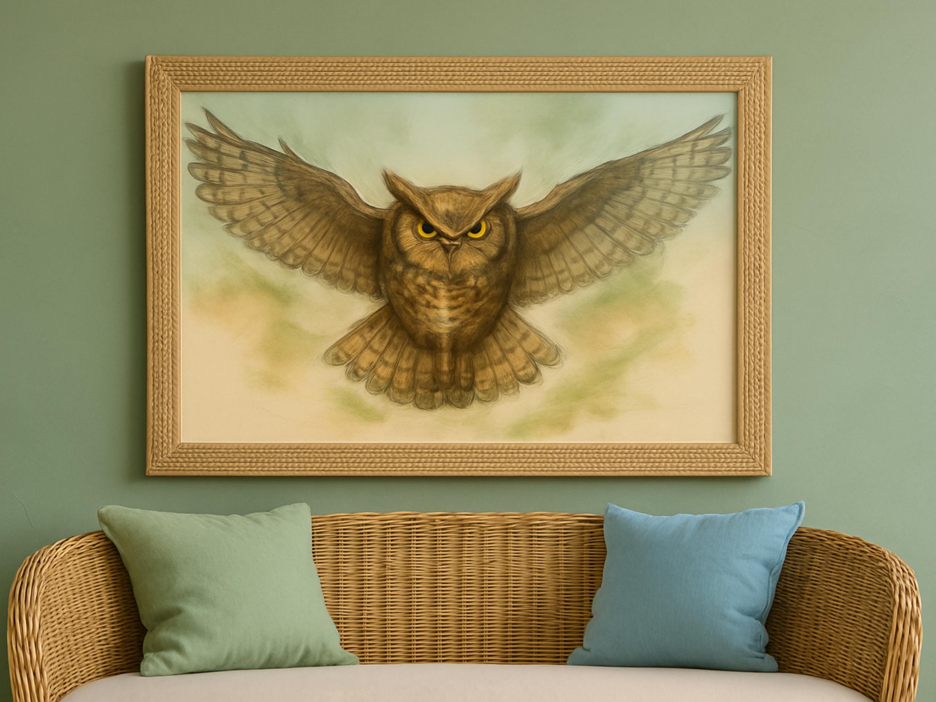 Horned Owl Art Print, Rustic Woodland Decor (Digital Download