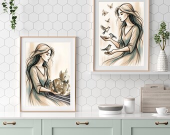 Láminas de arte de la mujer y la naturaleza: cervatillo y pájaros, decoración bohemia (descarga digital)