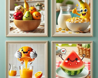 Arte de pared Fruit Friends - Juego de 4 piezas cuadradas