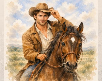 Cuadro mural en acuarela de un apuesto vaquero y su caballo.