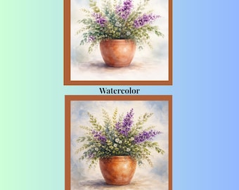 Conjunto de impresiones florales en maceta de terracota, arte botánico vintage en acuarela (descarga digital)