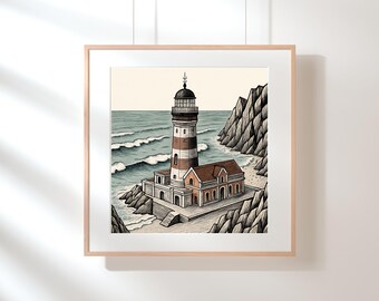 Impresión digital de faro costero - Arte lineal náutico oceánico