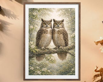 Búhos gemelos en una rama – Lámina decorativa de naturaleza para pared - Arte de animales del bosque
