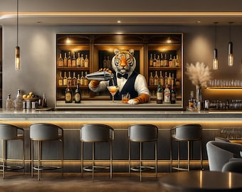 Lámina artística vintage de "Bartender Tigre", decoración de salón de cócteles (descarga digital)