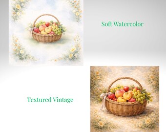 Decoración de pared con cesta de frutas primaverales: acuarela suave o textura vintage. Tú eliges.