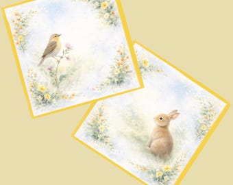 Colección Vintage de Primavera: Alondra y Conejo, dos piezas, arte mural digital imprimible en acuarela