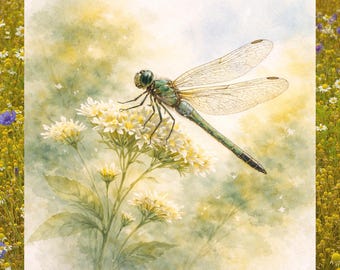 Libélula sobre flores silvestres – Cuadro decorativo de naturaleza en acuarela